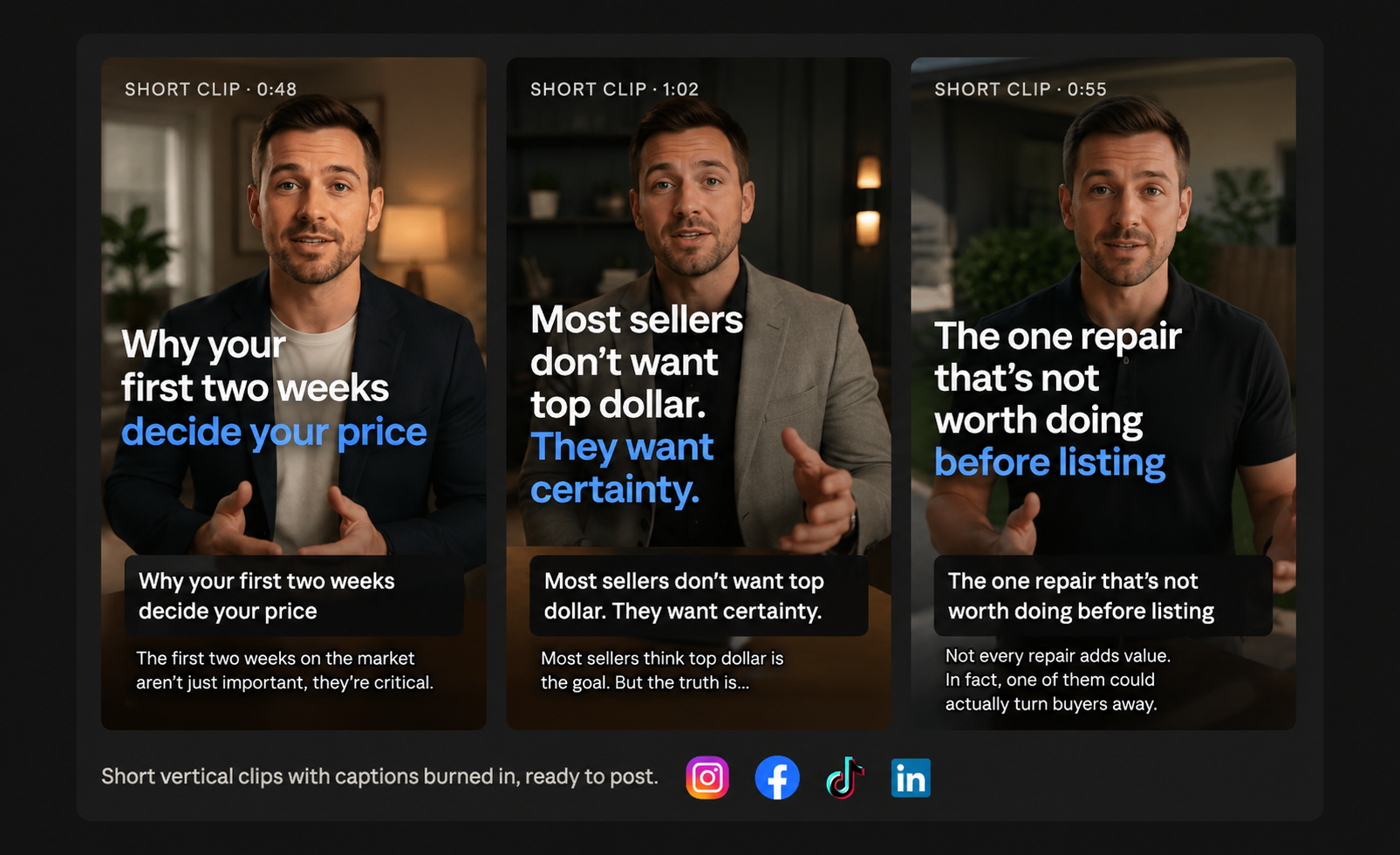Short vertical clips with branded captions